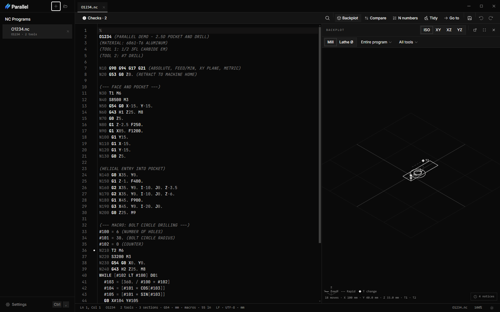 Parallel Desktop showing a Fanuc-style program beside an isometric mill backplot of its toolpath