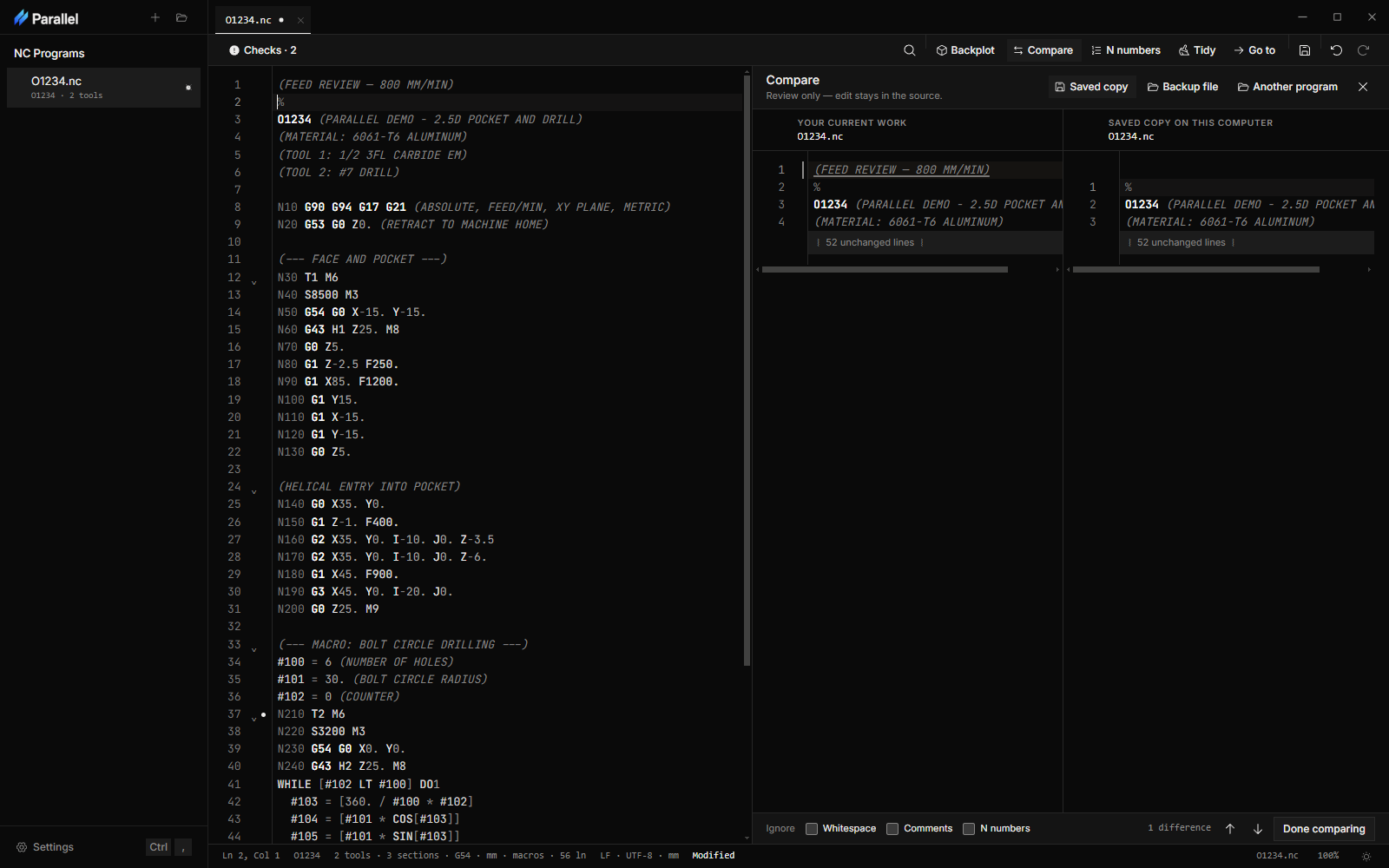 Compare in Parallel: current work on the left against the saved copy on the right, one added comment highlighted, 52 unchanged lines collapsed, and a note that neither file can be changed here.