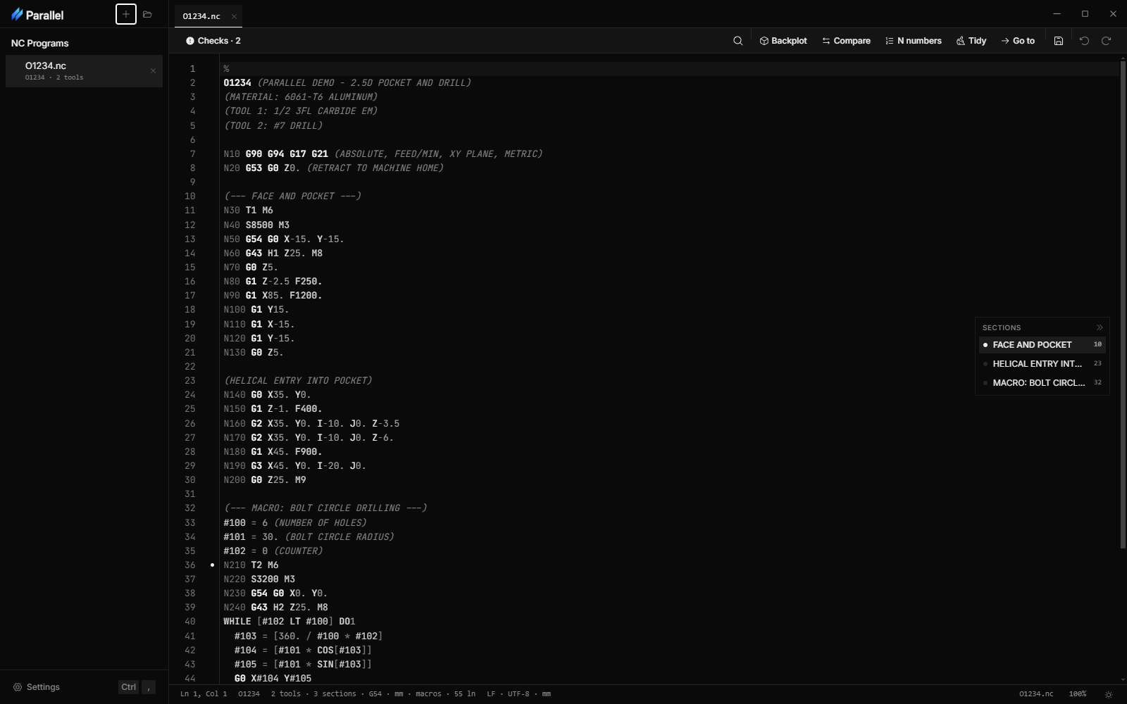 Program text in Parallel: comments in green italics, G and M words in white, N block numbers dimmed, with line numbers down the gutter.