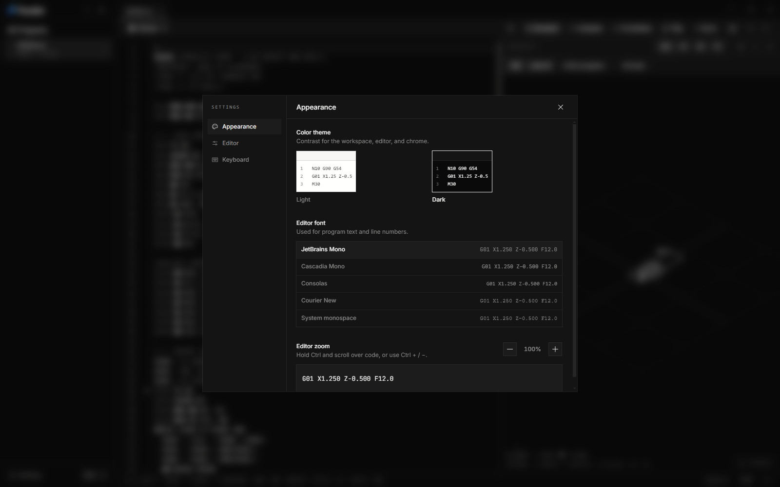 Editor font choices — JetBrains Mono, Cascadia Mono, Consolas, Courier New, and system monospace — each previewed with the same block of G-code, above an editor zoom control.
